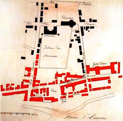 In rood, het gebied van Montreal vernietigd tijdens de brand door Gaspard Joseph Chaussegros de Léry